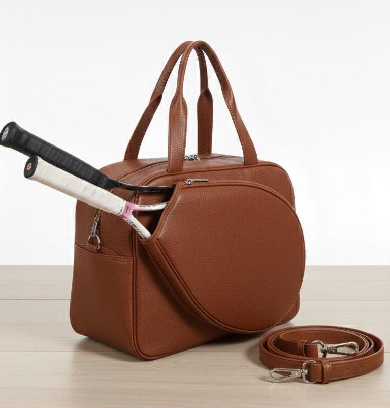 Red leather tennis racket duffel bag by Premium Skin