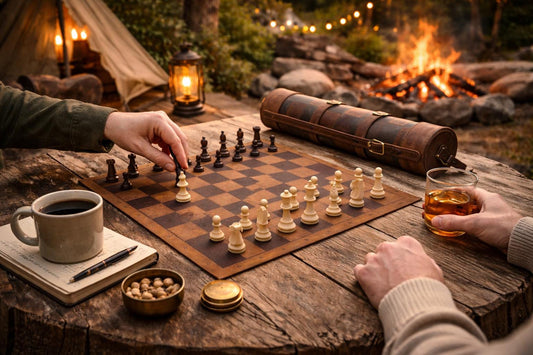 Portable leather chess set with chess pieces