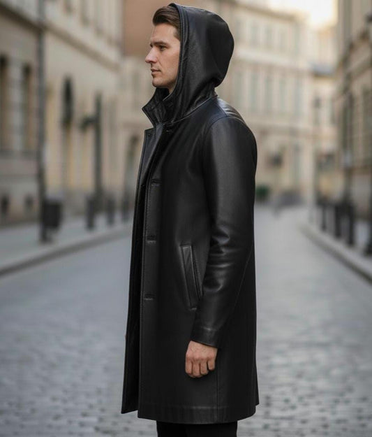 Black hooded leather duster coat by Premium Skin
