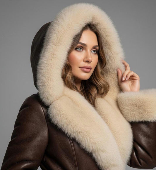 Belted leather-style winter trench coat with faux-fur hood by Premium Skin