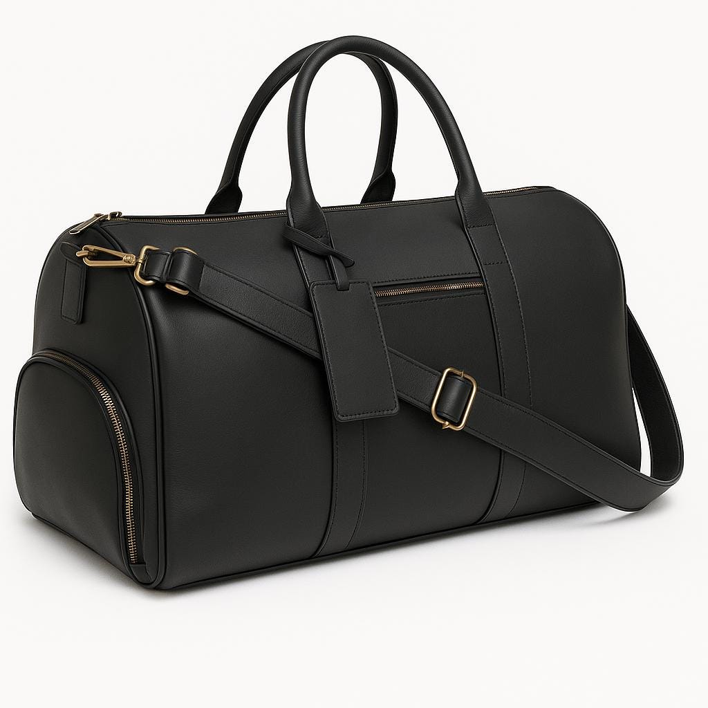 Black leather weekender bag handle and stitching detail