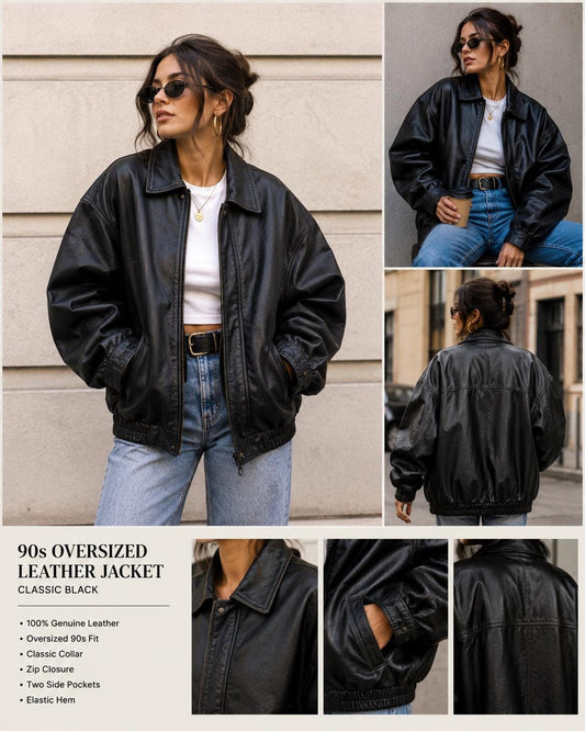 Women’s vintage-style black leather bomber jacket detail