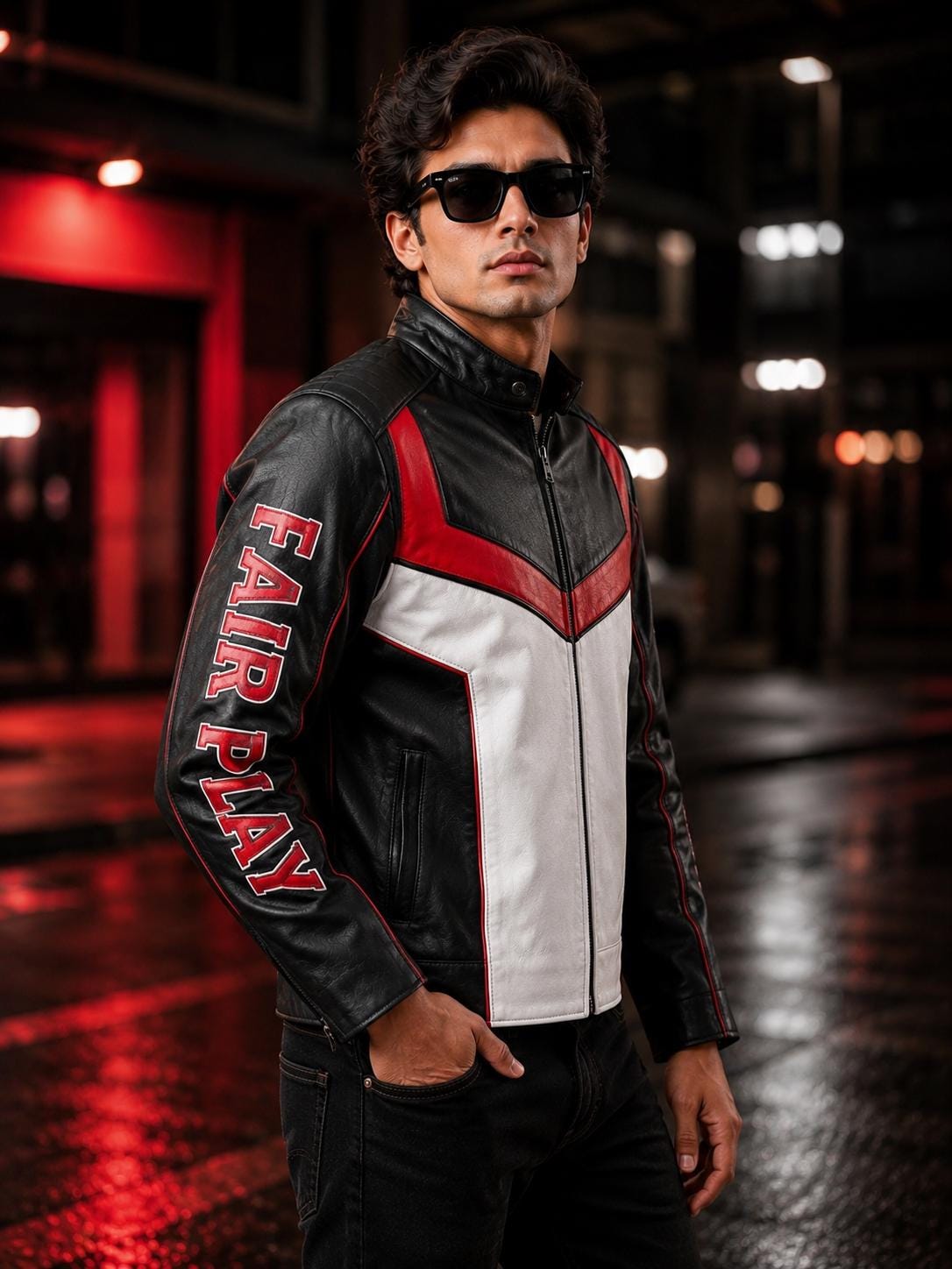 Red, black and white racing leather jacket by Premium Skin