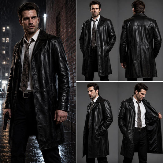 Black leather trench coat alternate angle