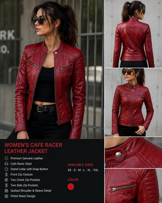 Women's red lambskin cafe racer jacket by Premium Skin
