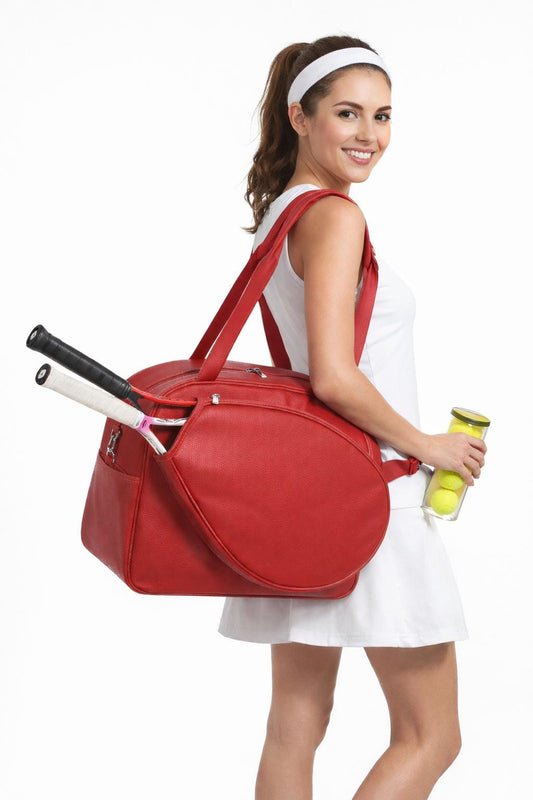 Red leather tennis racket duffel bag by Premium Skin