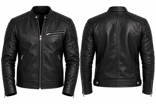 Black leather cafe racer jacket front and back product views