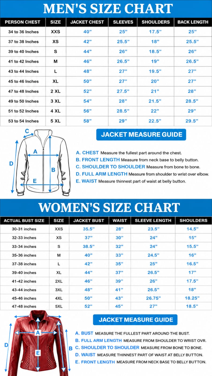 Leather jacket size chart and measuring guide