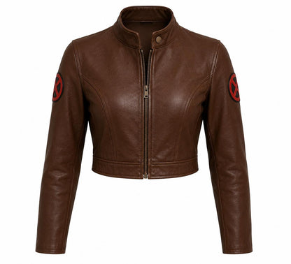 Women's brown cropped leather biker jacket by Premium Skin