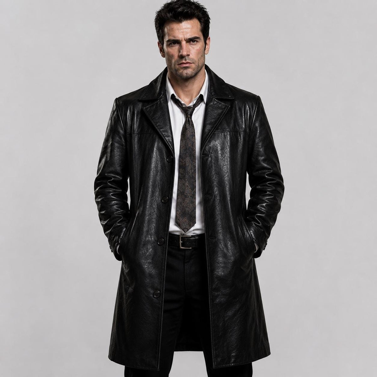 Black noir-inspired leather trench coat, front view