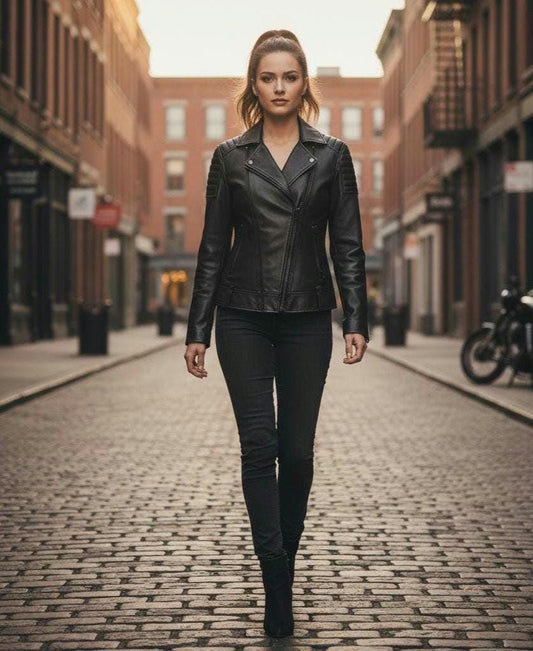 Quilted black asymmetrical biker jacket by Premium Skin