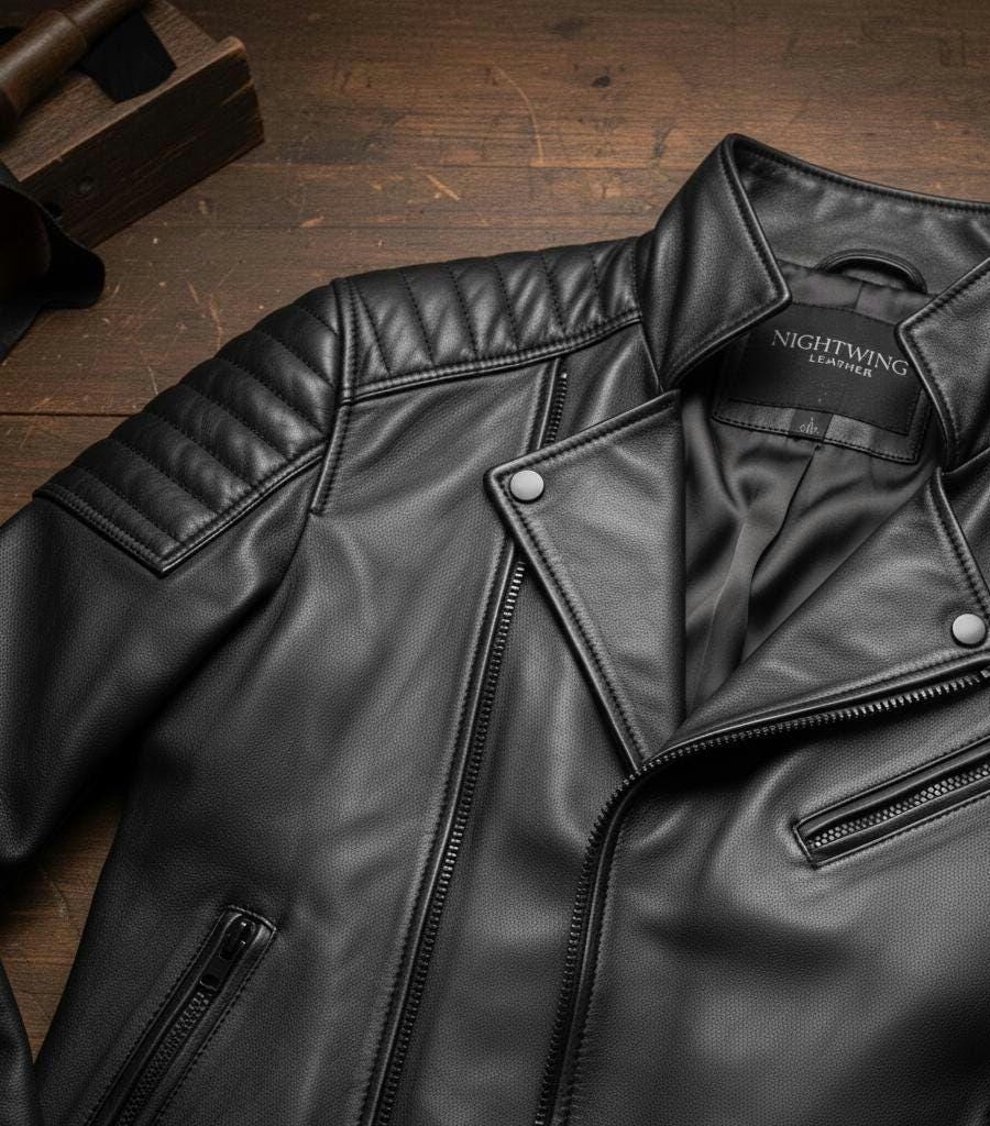 Quilted black asymmetrical biker jacket by Premium Skin