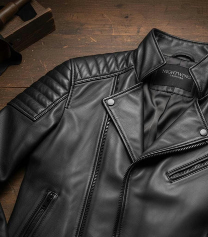 Quilted black asymmetrical biker jacket by Premium Skin