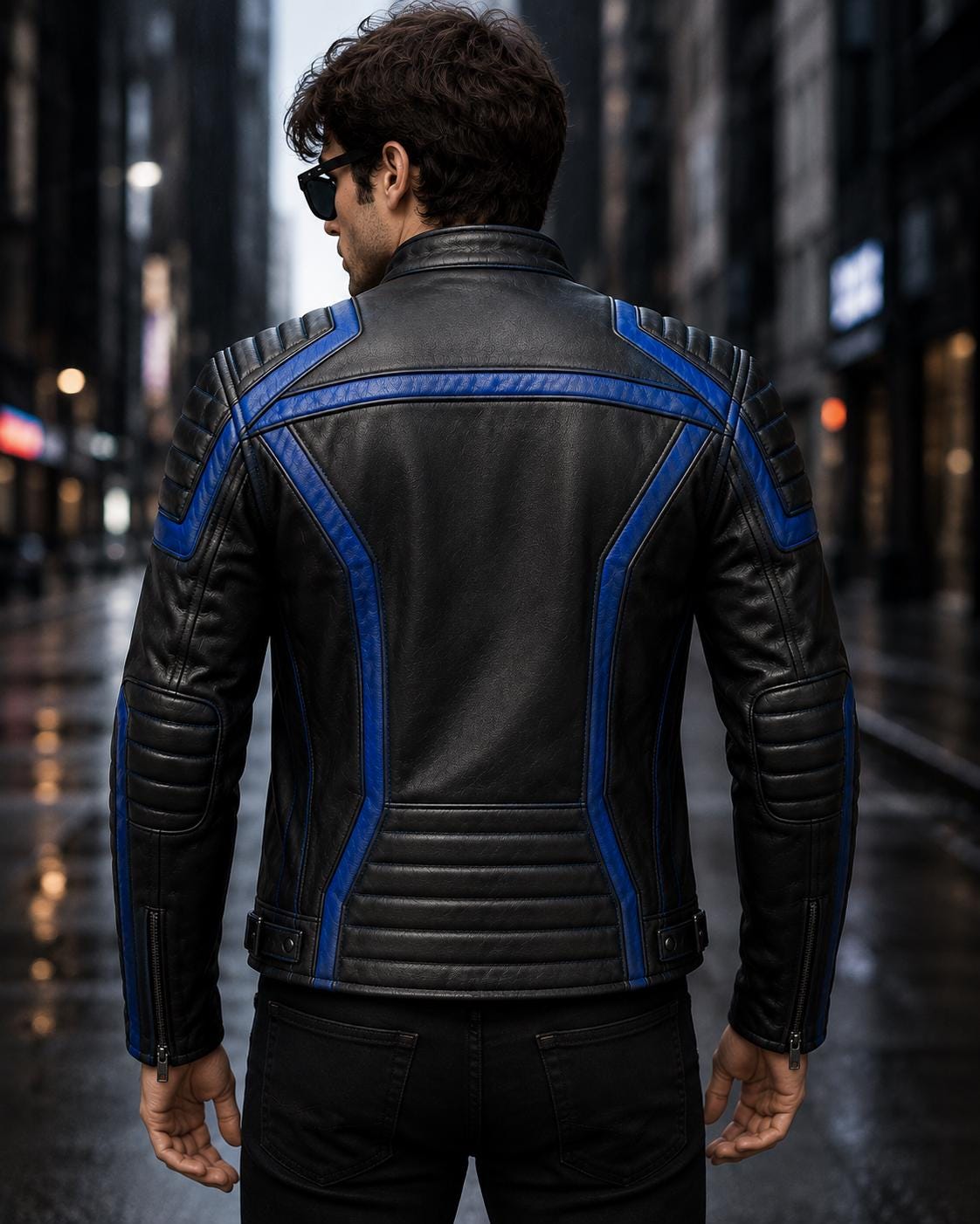 Black and blue futuristic rider jacket by Premium Skin