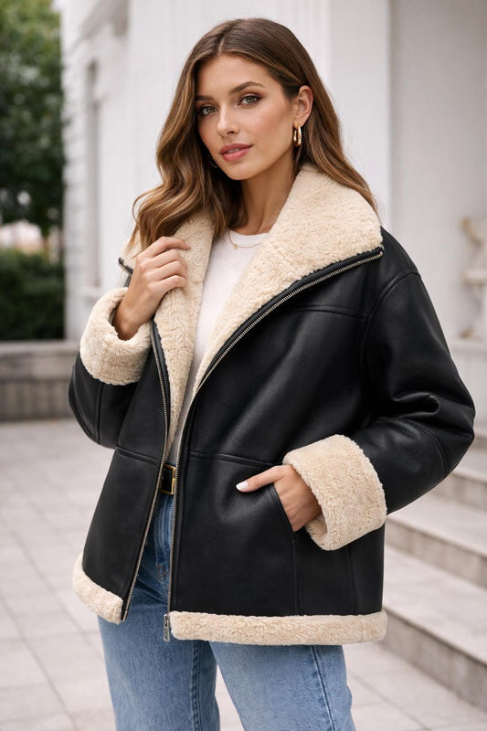 Black shearling-style aviator jacket by Premium Skin