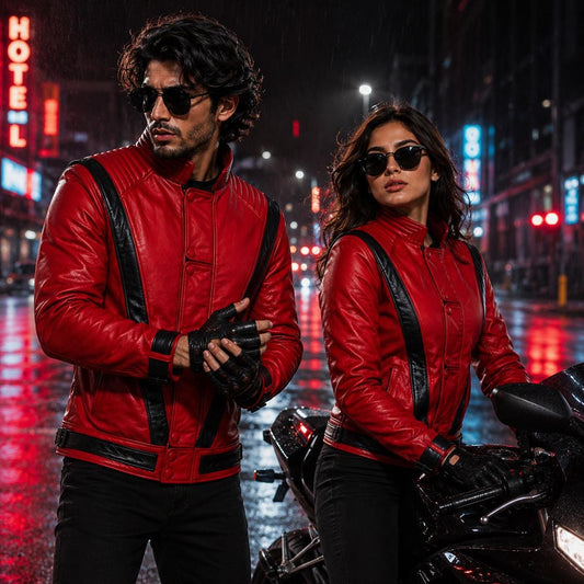 Red retro pop-inspired leather jacket by Premium Skin