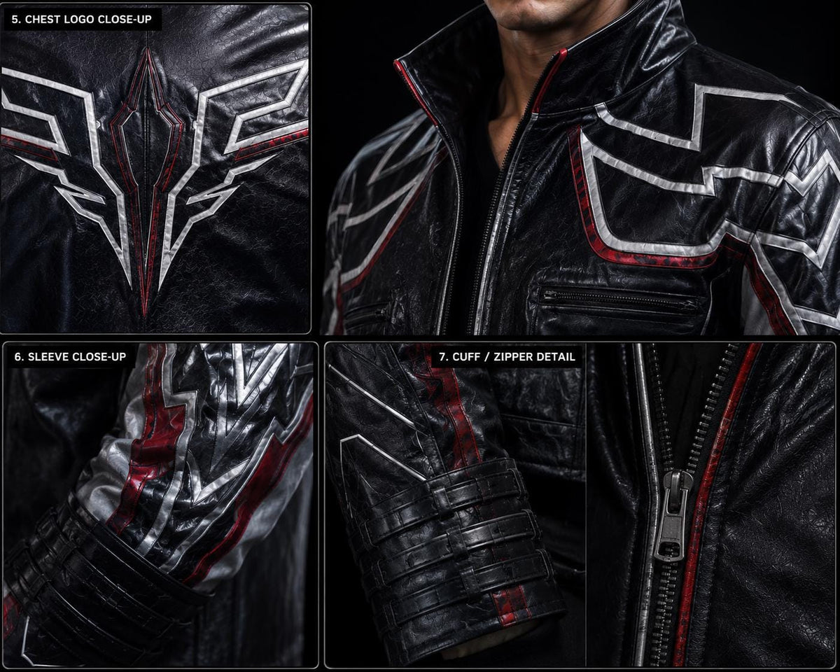 Black fighting-game-inspired leather jacket by Premium Skin