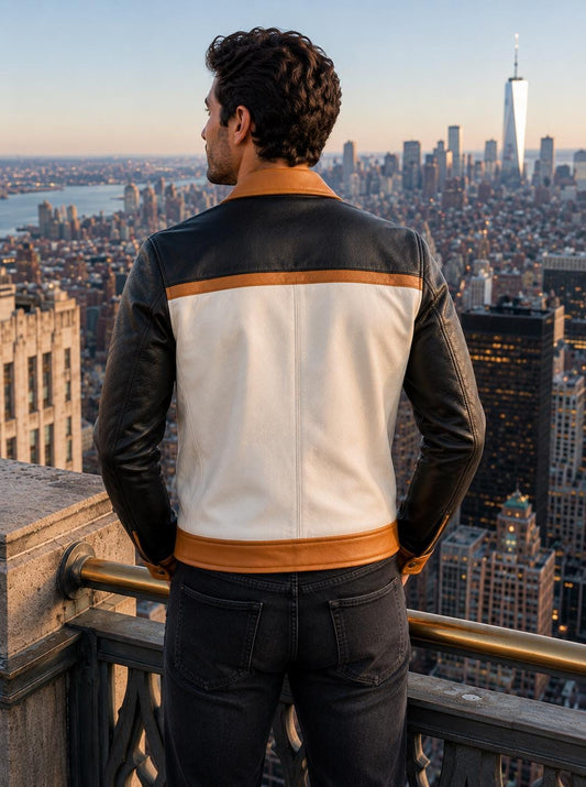 Men's color-block leather racer jacket by Premium Skin