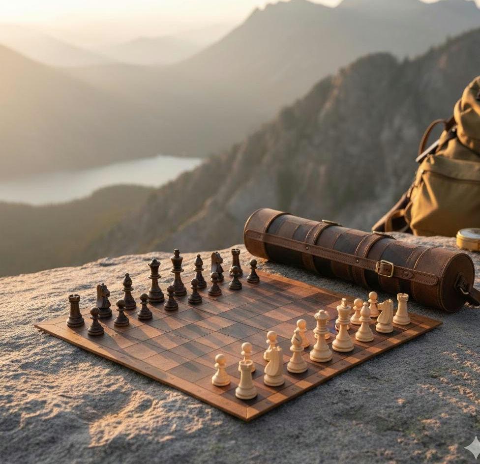 Handmade portable chess set close-up