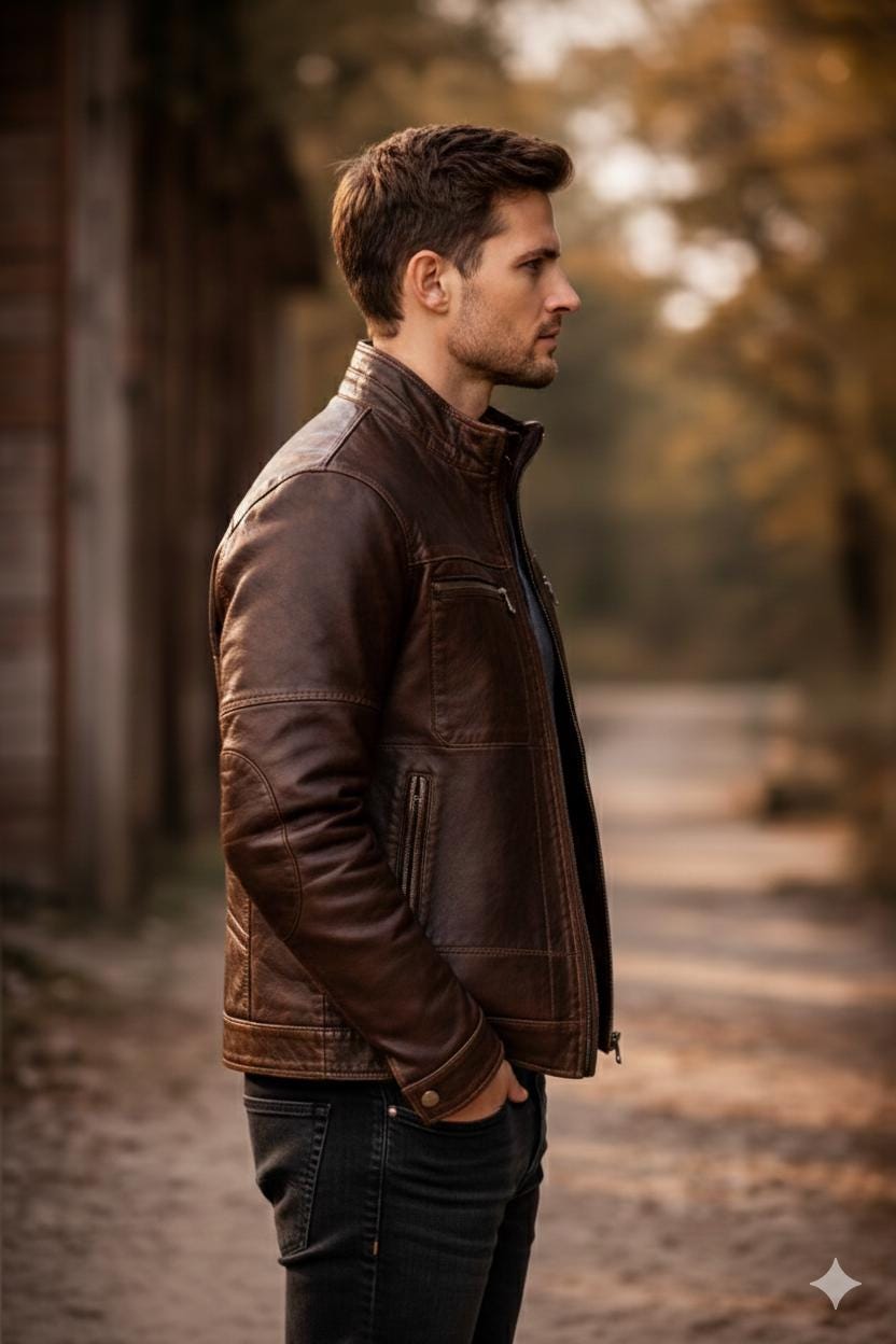Dark brown patchwork leather biker jacket by Premium Skin