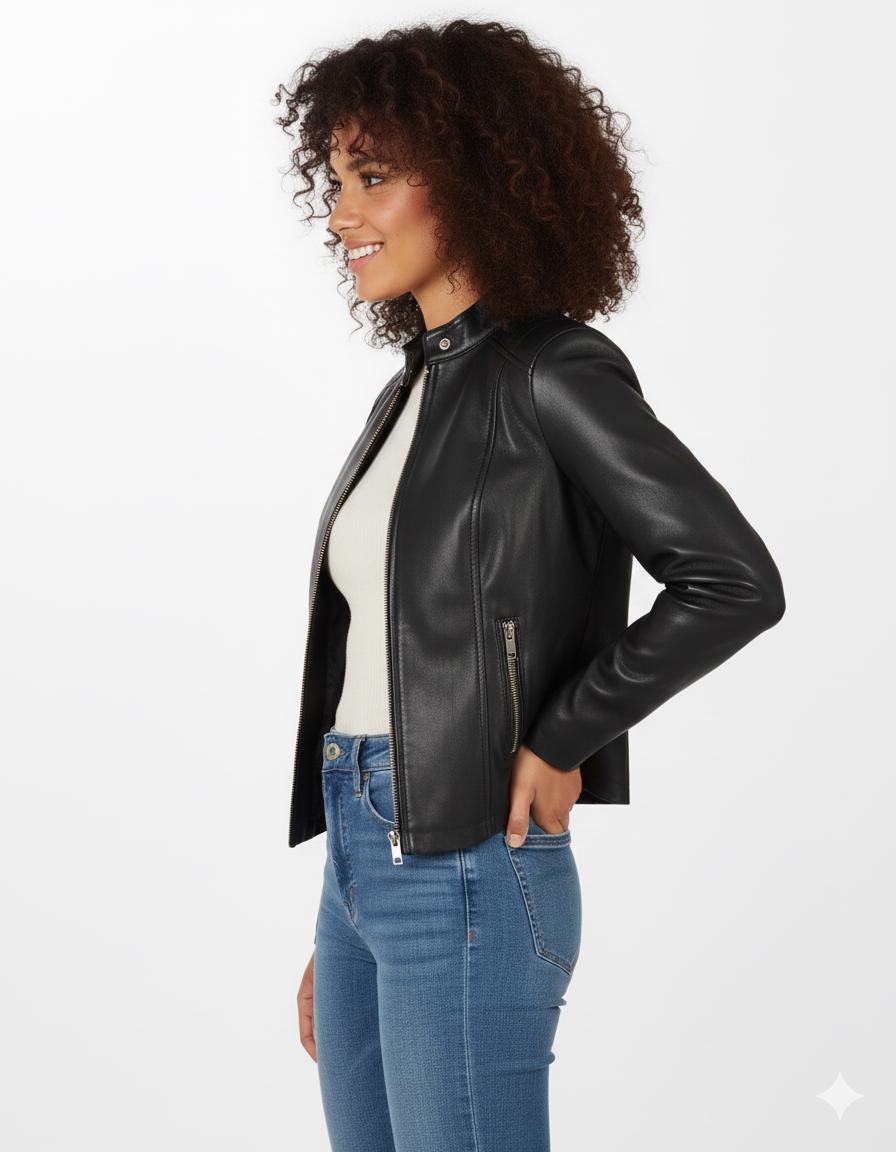 Women’s black lambskin motorcycle jacket back view