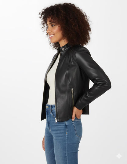 Women’s black lambskin motorcycle jacket back view