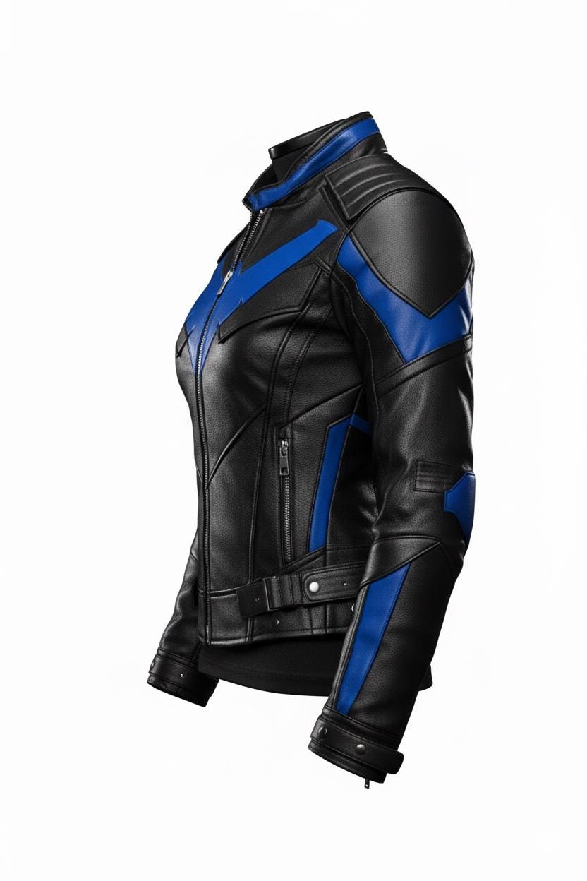 Black and blue hero-inspired leather jacket by Premium Skin