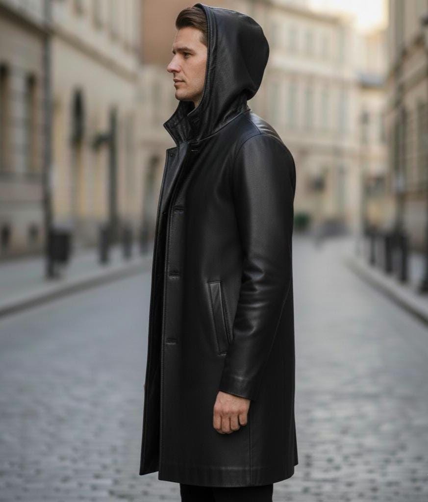Black hooded leather duster coat by Premium Skin