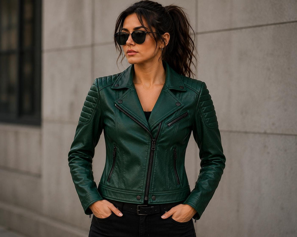 Emerald green quilted leather biker jacket by Premium Skin