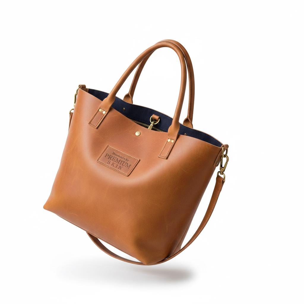Brown full-grain leather tote bag by Premium Skin