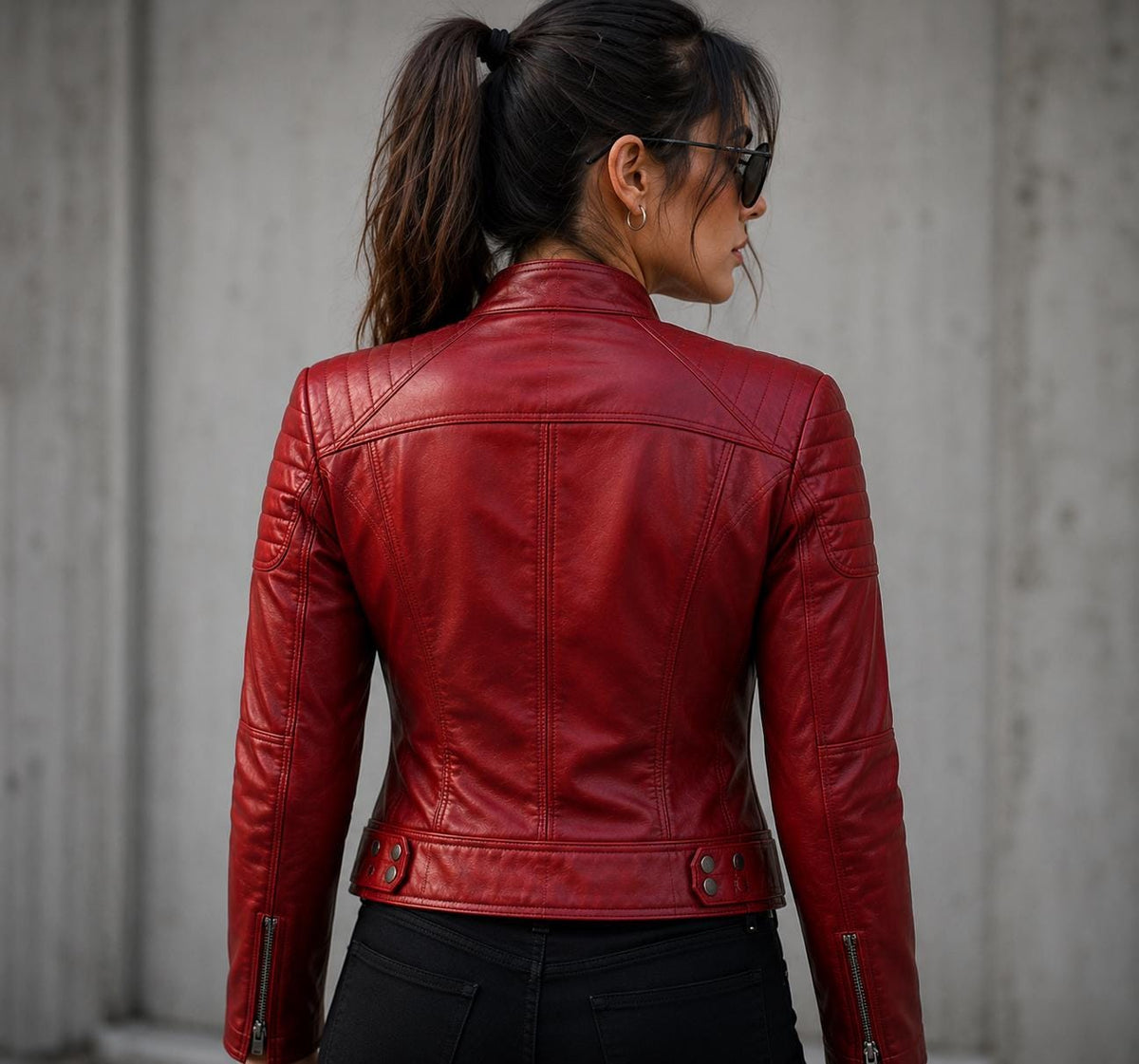 Women's red lambskin cafe racer jacket by Premium Skin
