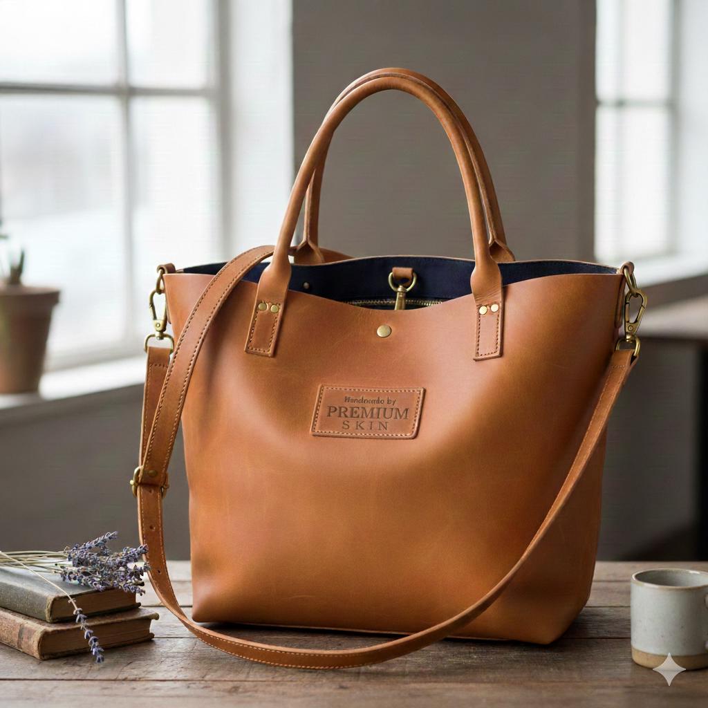 Brown full-grain leather tote bag by Premium Skin
