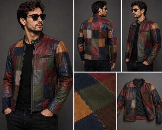 Handmade patchwork leather biker jacket by Premium Skin