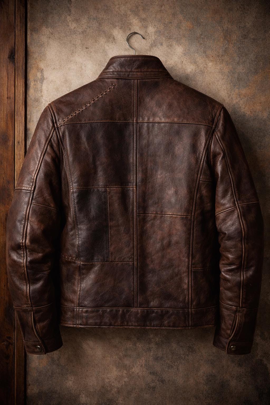 Dark brown patchwork leather biker jacket by Premium Skin