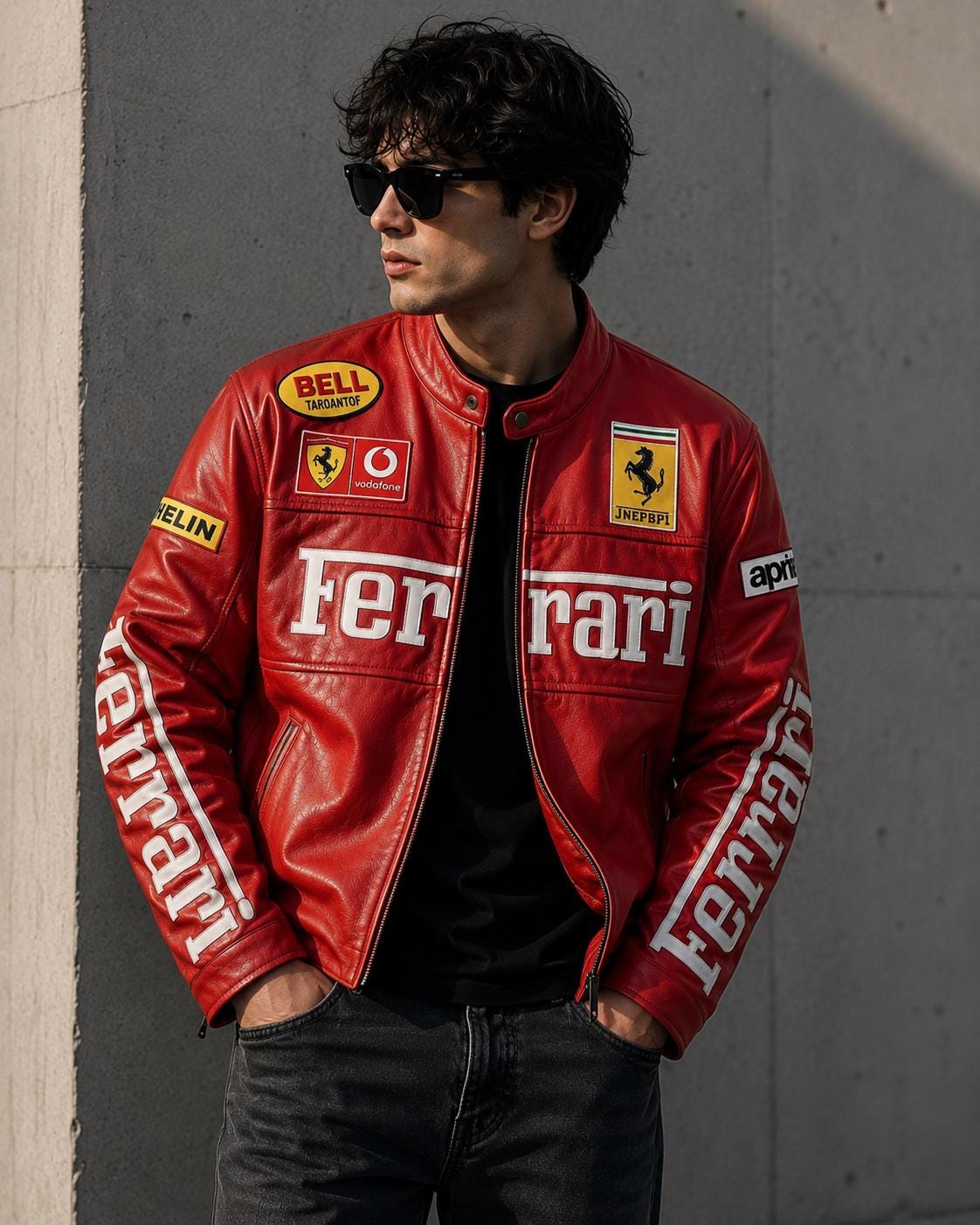 Red and black racing leather jacket back view
