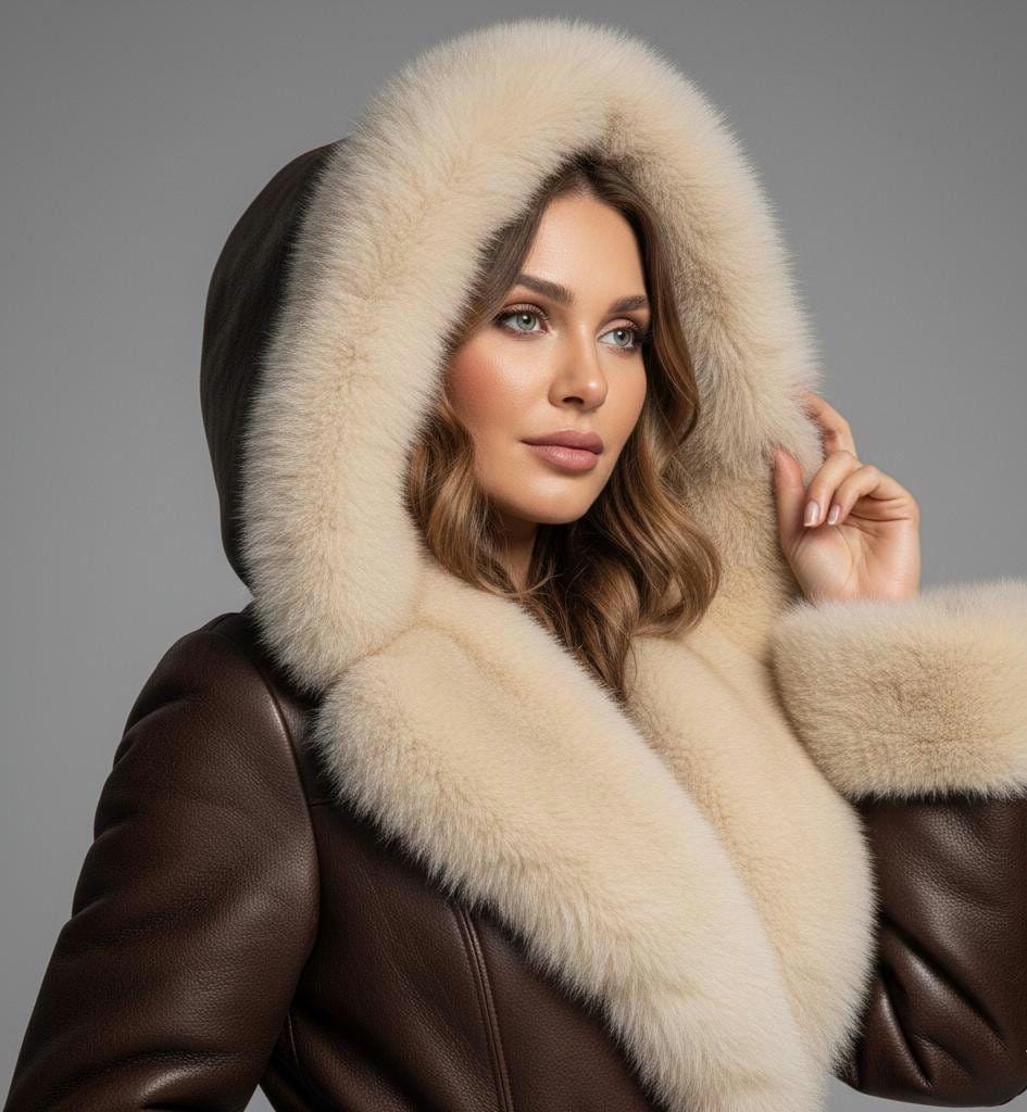Belted leather-style winter trench coat with faux-fur hood by Premium Skin
