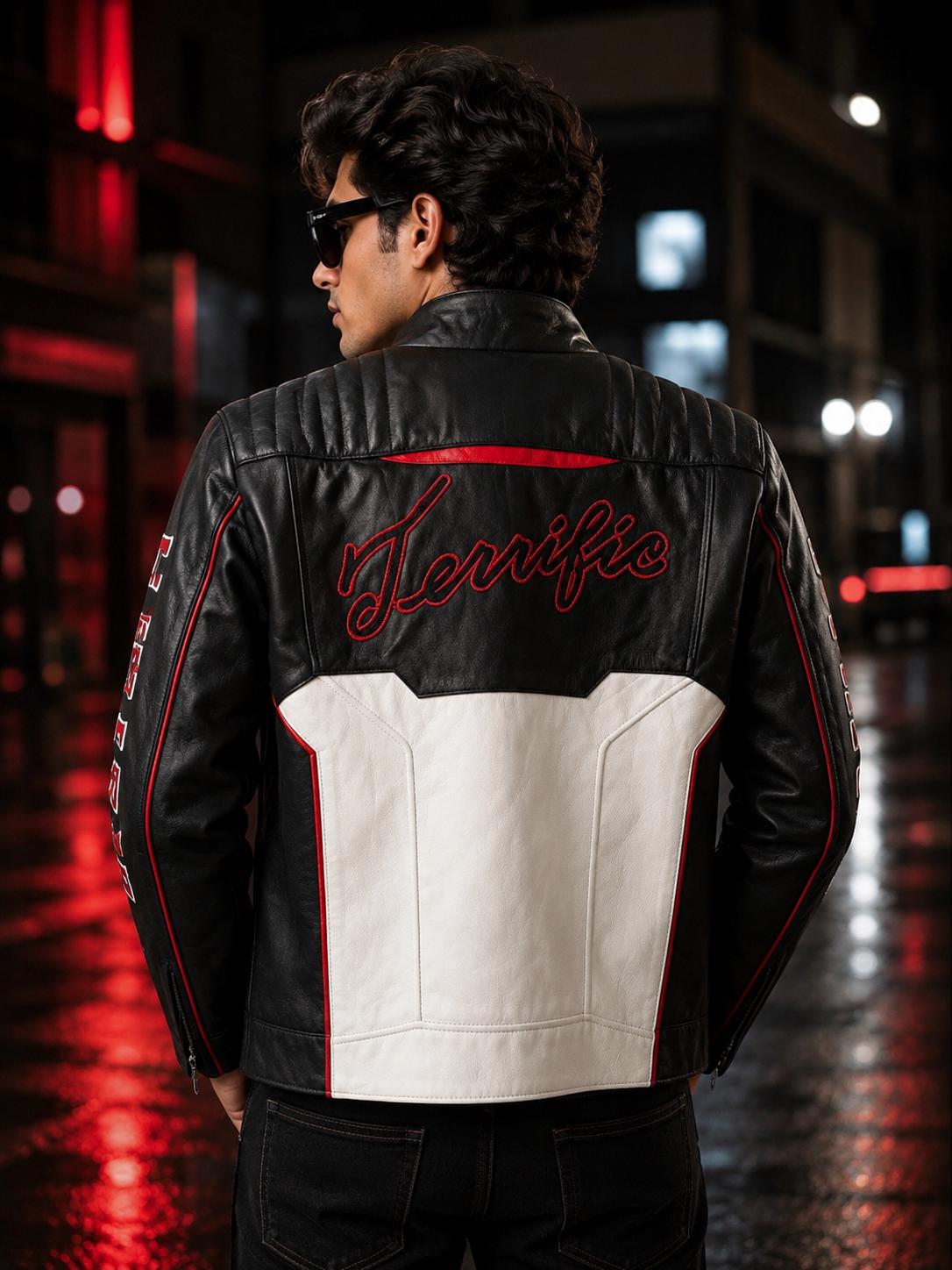 Red, black and white racing leather jacket by Premium Skin
