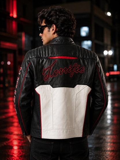 Red, black and white racing leather jacket by Premium Skin
