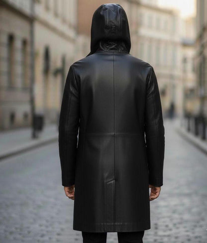 Black hooded leather duster coat by Premium Skin