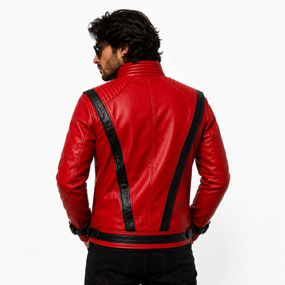 Red retro pop-inspired leather jacket by Premium Skin
