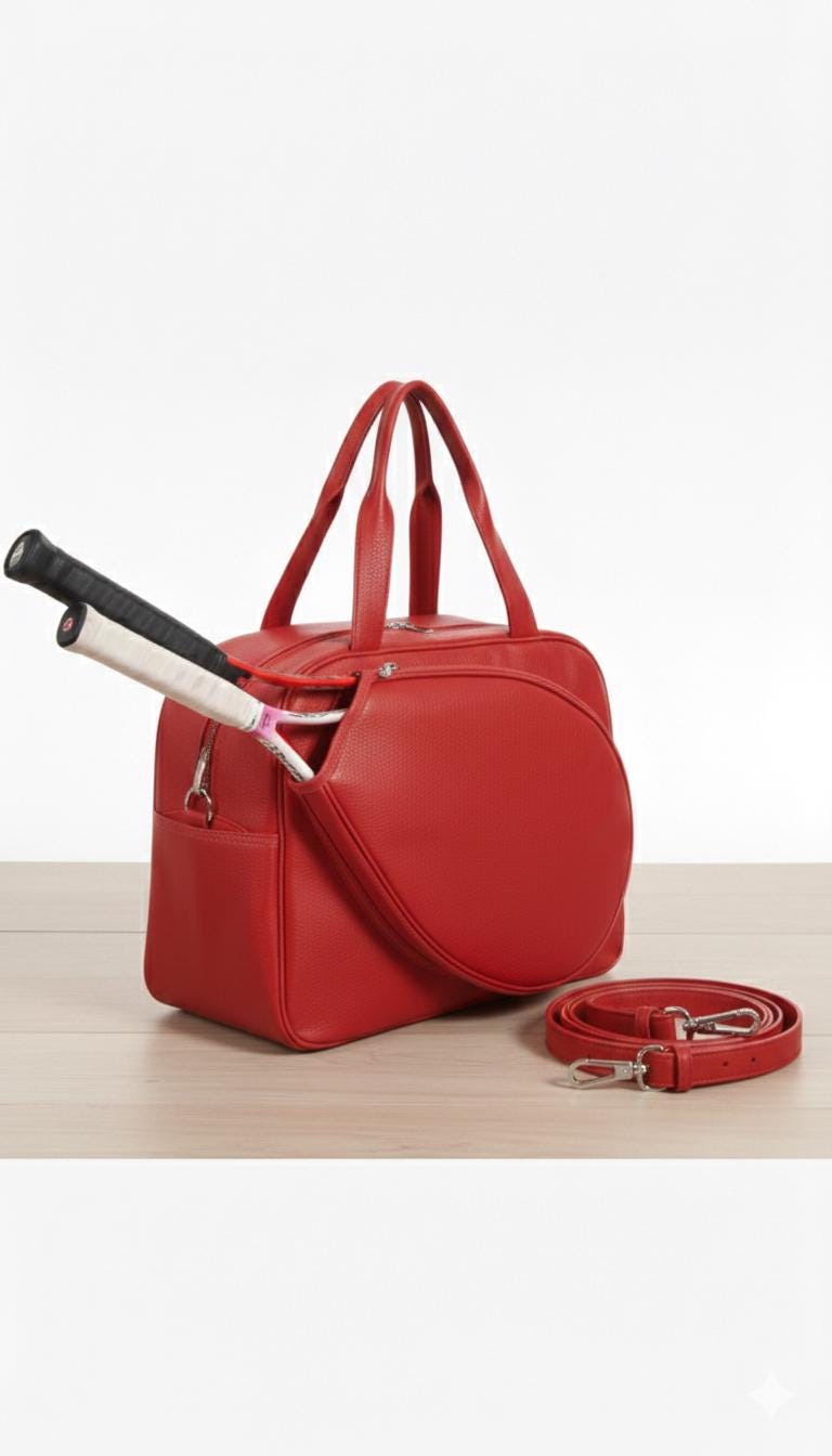 Red leather tennis racket duffel bag by Premium Skin