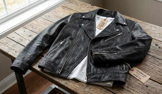 Men’s black leather biker jacket alternate angle