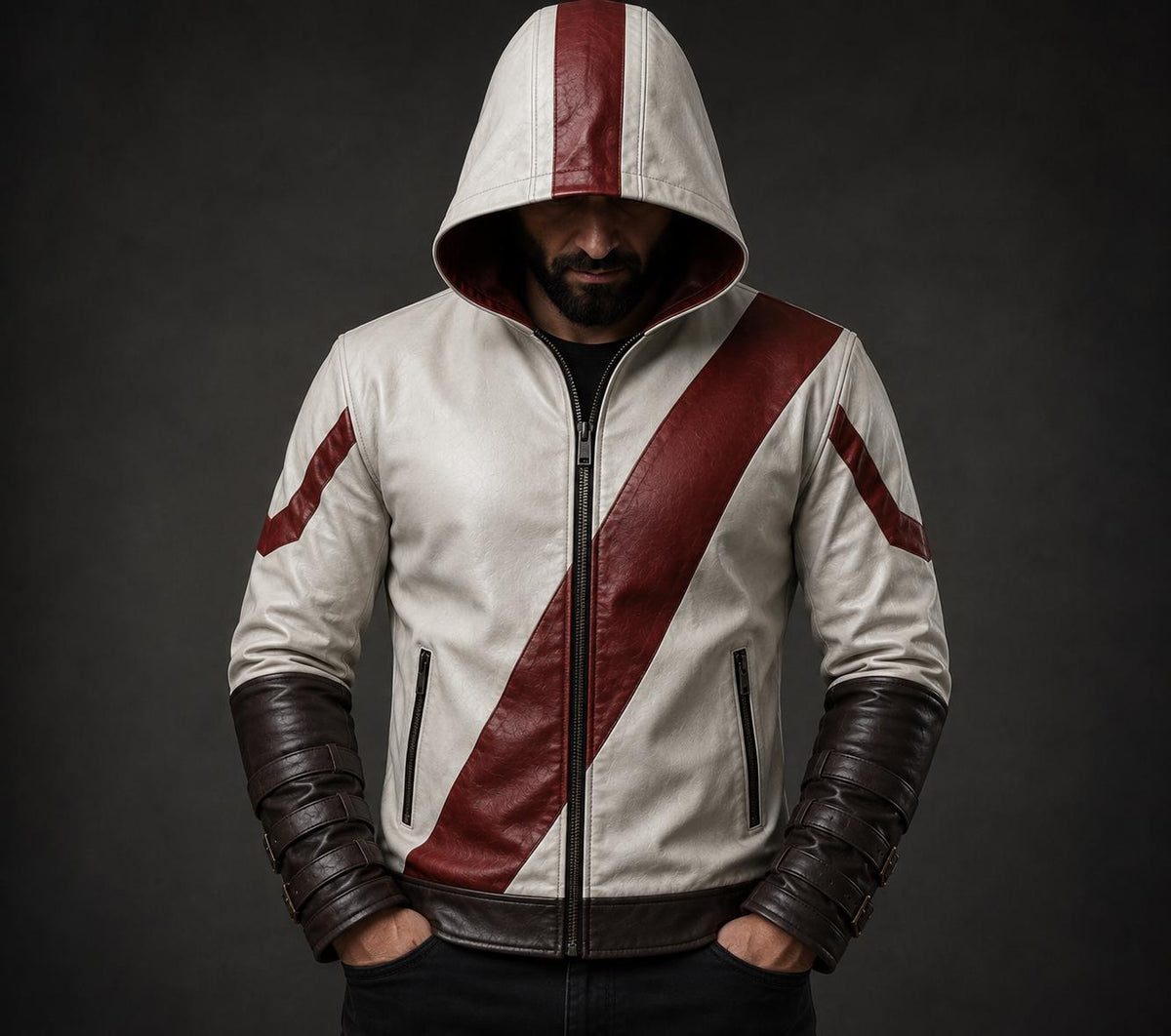 Sheepskin leather hooded jacket, front view