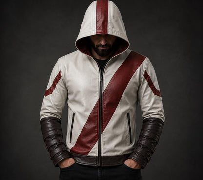 Sheepskin leather hooded jacket, front view