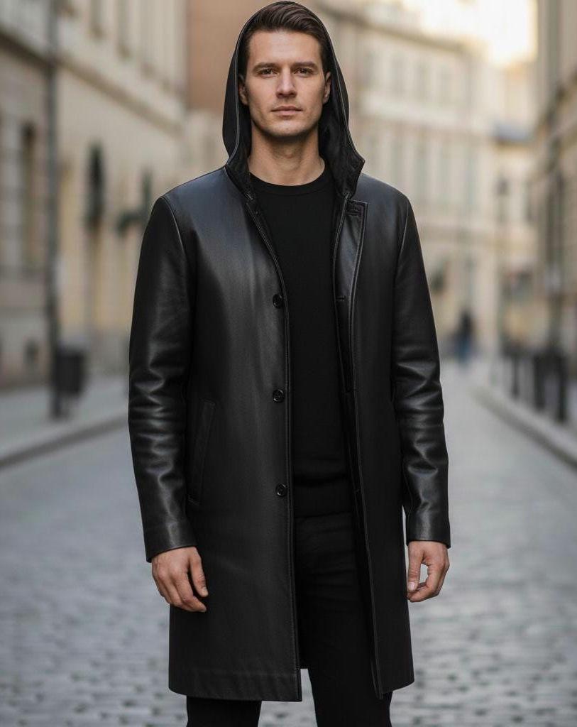 Black hooded leather duster coat by Premium Skin