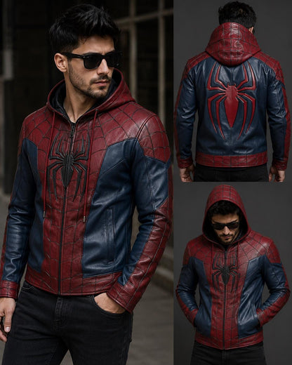 Red and blue hooded jacket alternate front angle