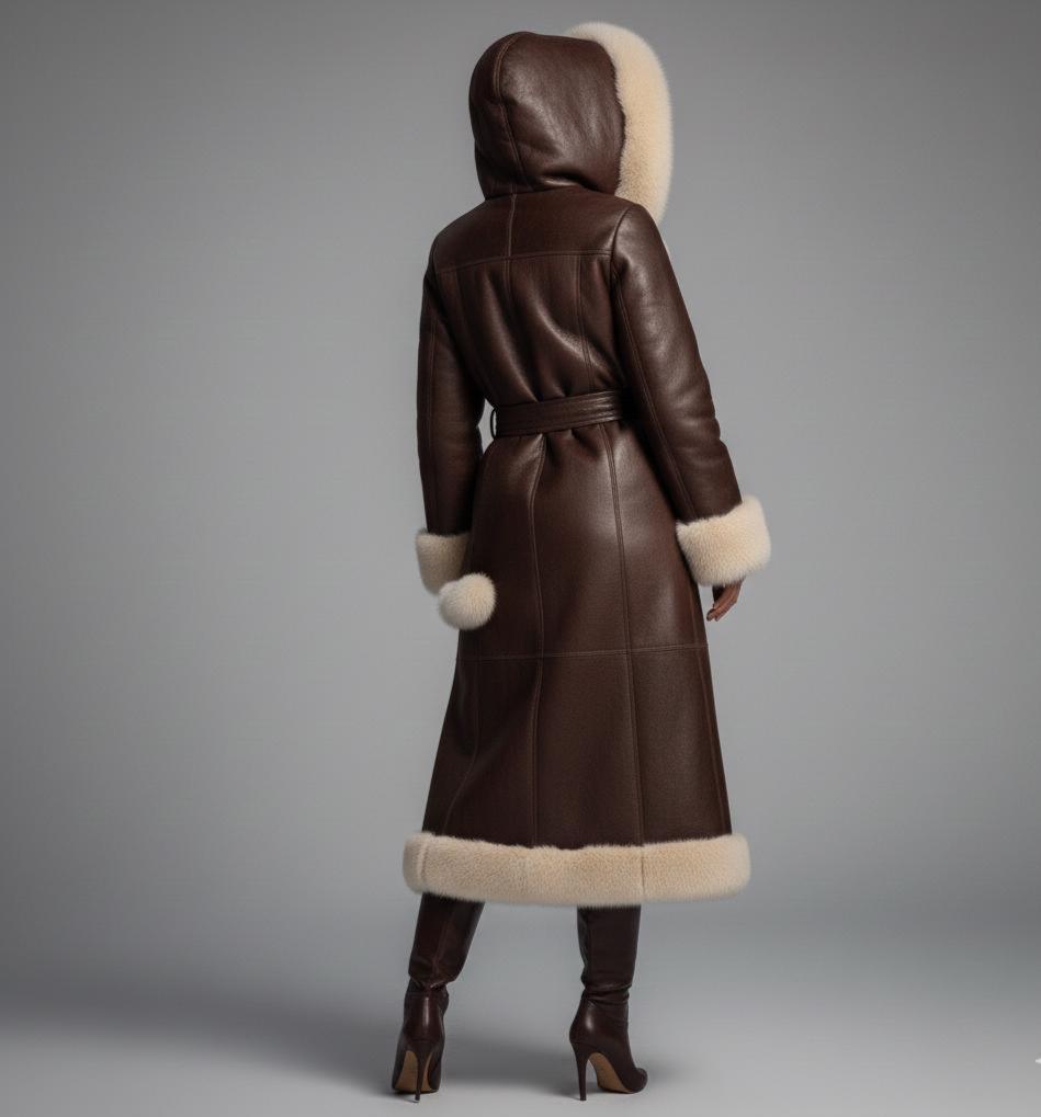 Belted leather-style winter trench coat with faux-fur hood by Premium Skin