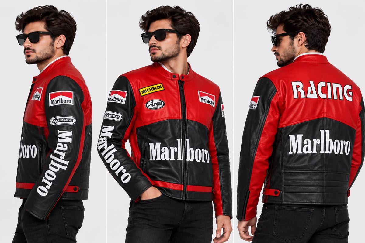 Grand Prix racing leather jacket close-up