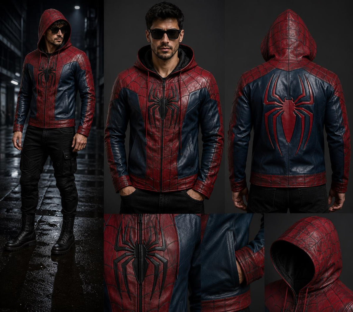Red and blue hooded cosplay jacket design detail