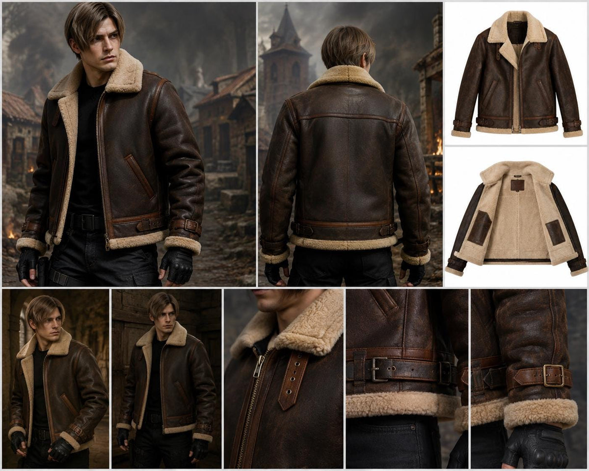 Brown aviator jacket collar and trim detail